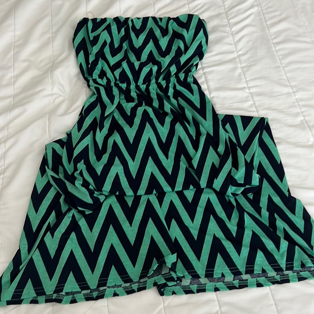 Stella Tweed Strapless Maxi Dress Green and Blue Chevron Print